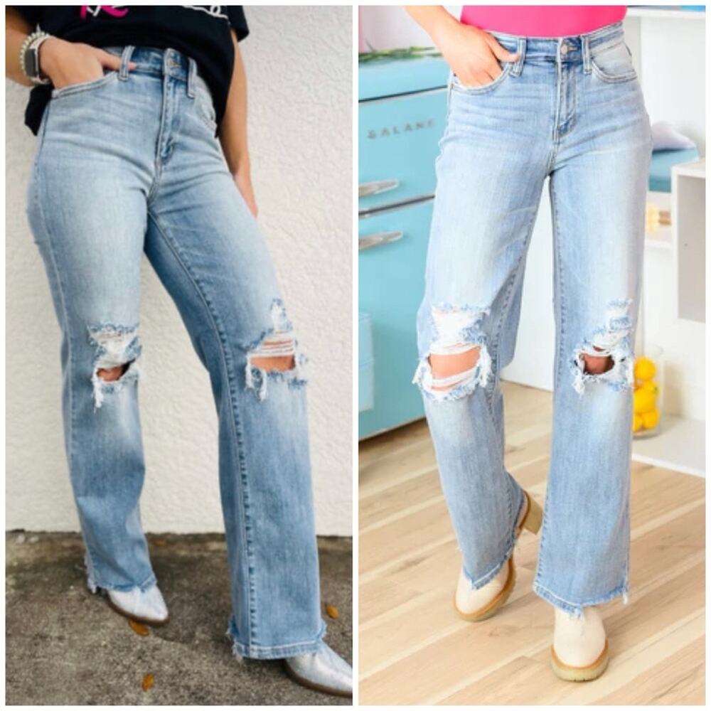 Judy Blue Light Blue Distressed Straight Leg Jeans